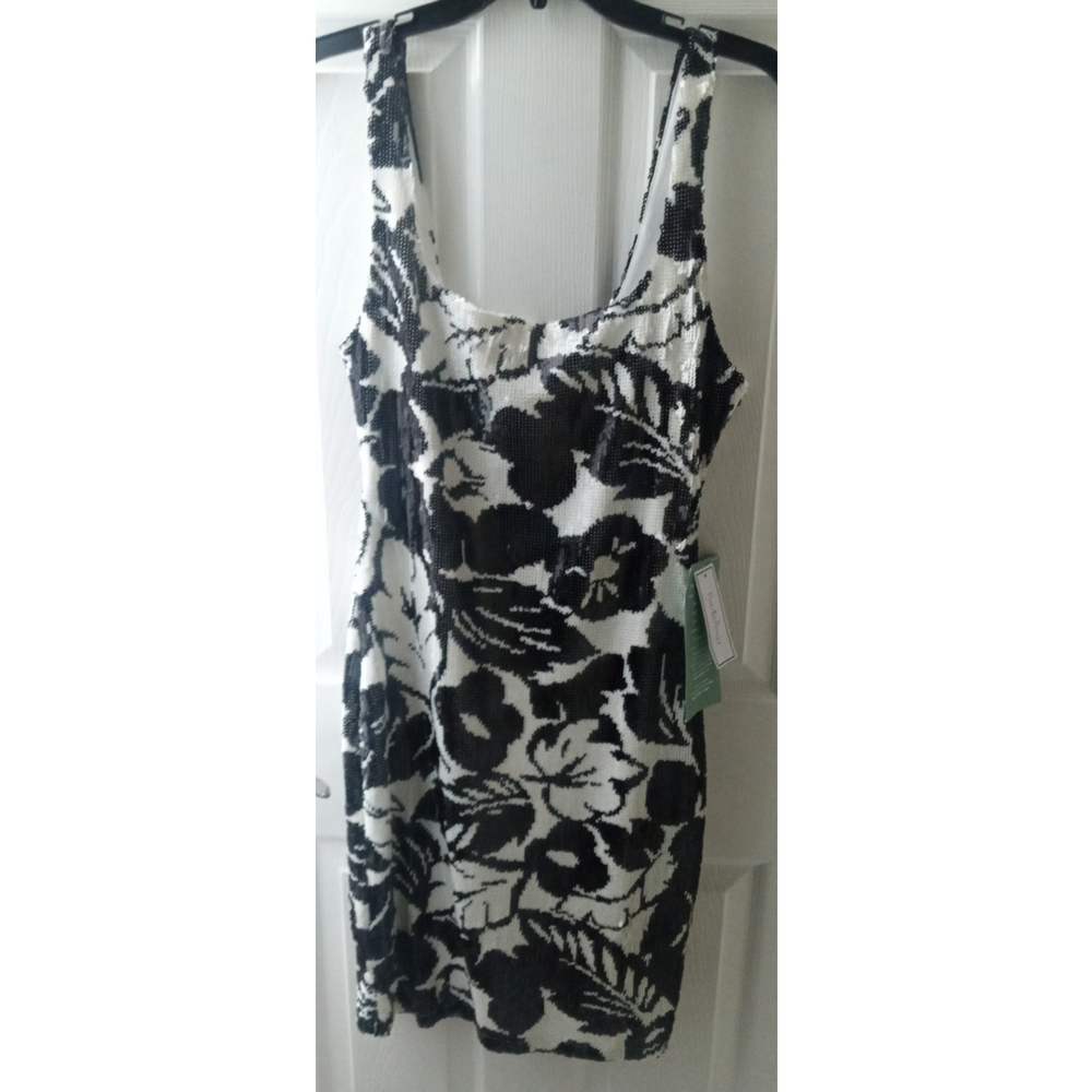 NWT Premier Amour Womens Sleeveless Sequined Dress 12 Floral Event Black White